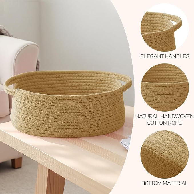 Woven Basket,Small Rope Storage Bin with Handles & Ribbon Bag, Organizer for Shelves Closets,Gift Basket Empty for Birthday,Books,Dog Toys, Jute/2 Pack