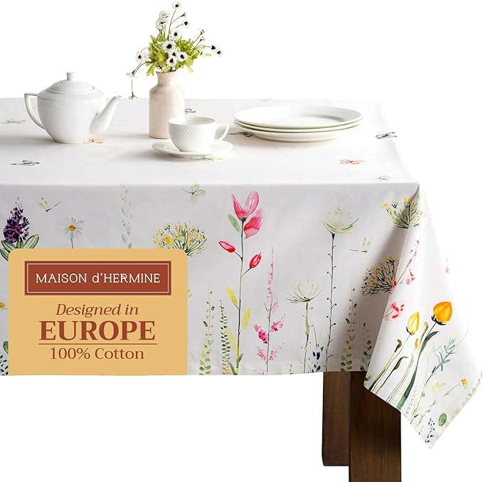 Maison d' Hermine Table Cloth Rectangle Table 100% Cotton 70 x 90 Inches Tablecloth Reusable Decorative for Dining Room, Farmhouse, Home, Party, Festive & Wedding Spring Summer - Botanical Fresh