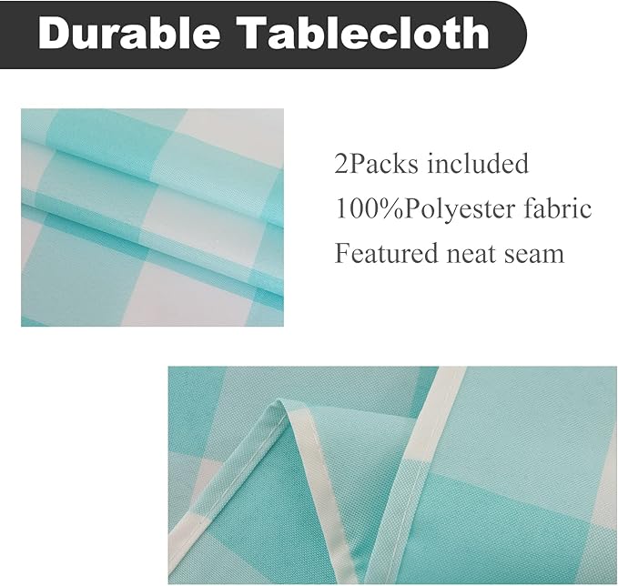 Cupuamon 2 Pack Waterproof Polyester Fabic Rectangle Checkered Tablecloth，60x120 Outdoor Table Cloth，Oil Stain Prevention Table Cloth for Pinics and Parties（Aqua and White）