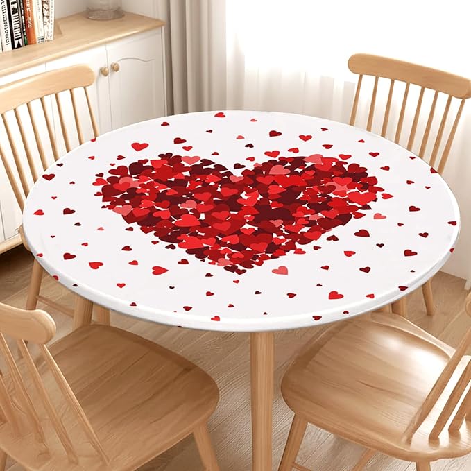 Valentines Day Round Fitted Tablecloth with Elastic Red Love Heart Circle Table Cloth for 44-48" Tables Wipeable Waterproof Washable Valentine Decorative Table Cover for Picnic Dining Party Decor