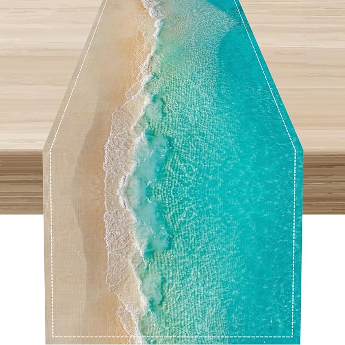 Blue Sea Waves Table Runner, Summer Turquoise Tropical Beach Sandy Ocean Clear Sea Water Coffee Table Center Deco, for Wedding Party Holiday and Living Room Table Decorations, 13" X 108"