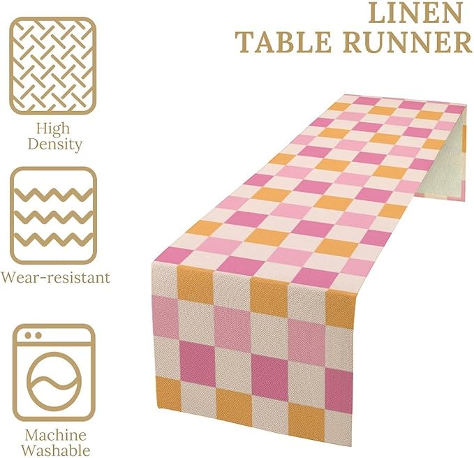 Pink Checkered Table Runner, Vintage 70s Abstract Cute Modern Hippie Table Runner for Party Kitchen Dining Home Outdoor 13x60in