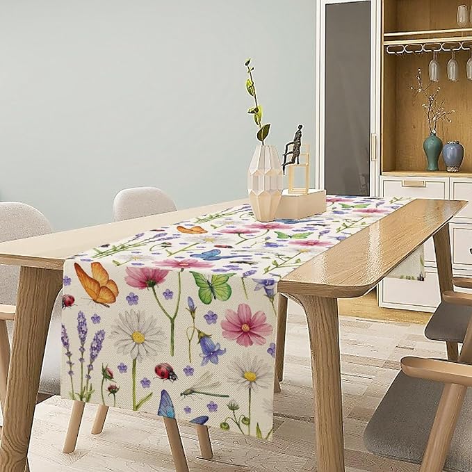 Flower Floral Table Runner, Butterfly Wildflowers Daisy Spring Summer Rustic Table Runner for Farmhouse Holiday Kitchen Dining Outdoor Home Party 13x120in
