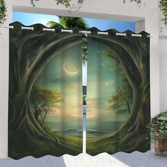 Forest Theme Waterproof Indoor/Outdoor Curtains,Trees Moon Lake Pattern,Privacy, Grommet Curtains for Patio, Pergola, Porch, Deck, Lanai, and Cabana,2 Panel,W54 x L96,Green
