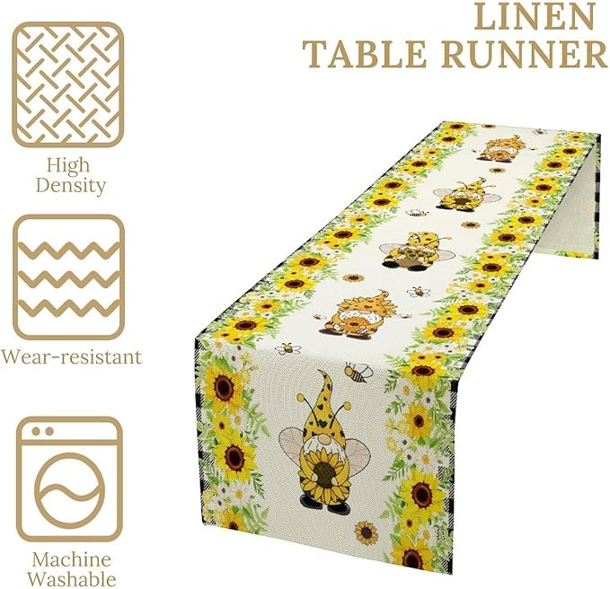 Summer Sunflower Gnome Table Runner, Buffalo Plaid Bee Farmhouse Seasonal Table Decoration for Outdoor Home Party Kitchen Dining Holiday 13x60in