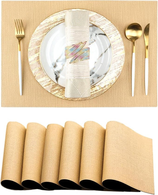 Faux Leather Placemats Set of 6, Heat Resistant Anti-Slip PU Place Mats for Dining Table, Waterproof Washable Wipeable Reversible Table Mats, Gold