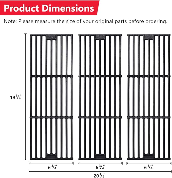 Cooking Grates Replacement Parts for Chargriller Gas Grill 2121,2123, 2222, 2828, 3001, 3030, 3725, 4000, 5050, 5252, 5650,9020,King Griller 3008, 5252,19 3/4" x 6 3/4" Each, 3 Pack