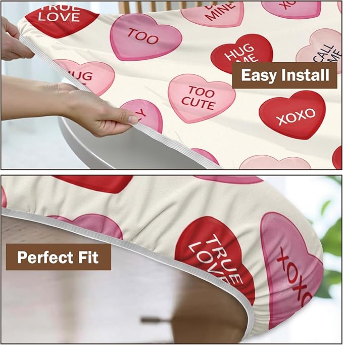 Valentines Day Round Fitted Tablecloth with Elastic Pink Red Love Hearts Circle Table Cloth for 40-44" Round Tables Wipeable Waterproof Valentines Decorative Table Cover for Picnic Dining Party Decor