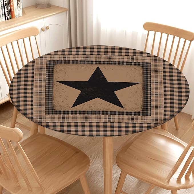Western Texas Star Round Fitted Tablecloth with Elastic Vintage Primitive Brown Black Checkered Circle Table Cover for 40-44" Tables Waterproof Washable Country Plaid Table Cloth for Kitchen Dining