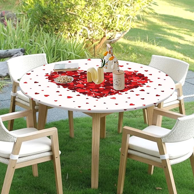 Valentines Day Round Fitted Tablecloth with Elastic Red Love Heart Circle Table Cloth for 40-44" Tables Wipeable Waterproof Washable Valentine Decorative Table Cover for Picnic Dining Party Decor