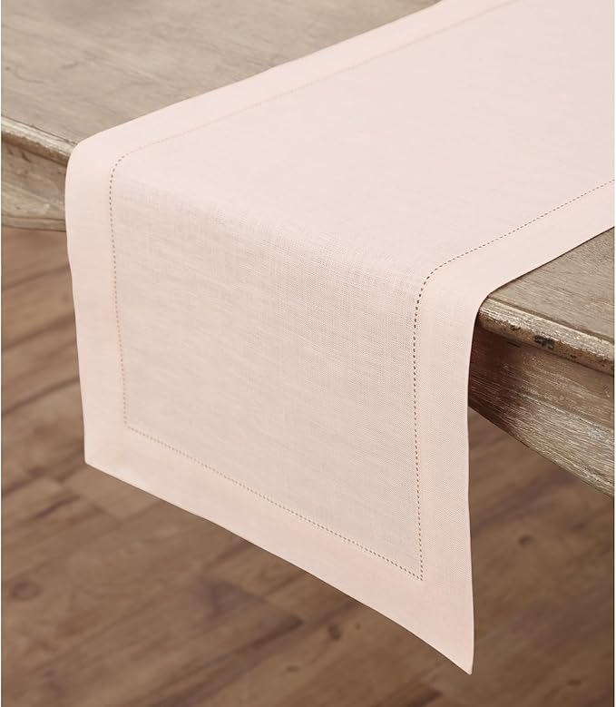 Solino Home Linen Pink Table Runner 132 Inches Long - 100% Pure Linen Extra Long Table Runner 14 x 132 Inch for Valentines, Spring, Easter - Classic Hemstitch