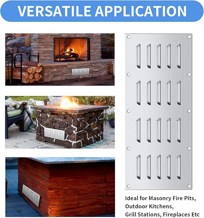 2 Pack Stainless Steel Venting Panel for BBQ Grill Accessory, 15x6.5 Inch (20-Slots), 304 Grade Metal Vent Cover for Masonry Fire Pits & Outdoor Kitchens, Weather Resistant, 15" by 6-1/2"