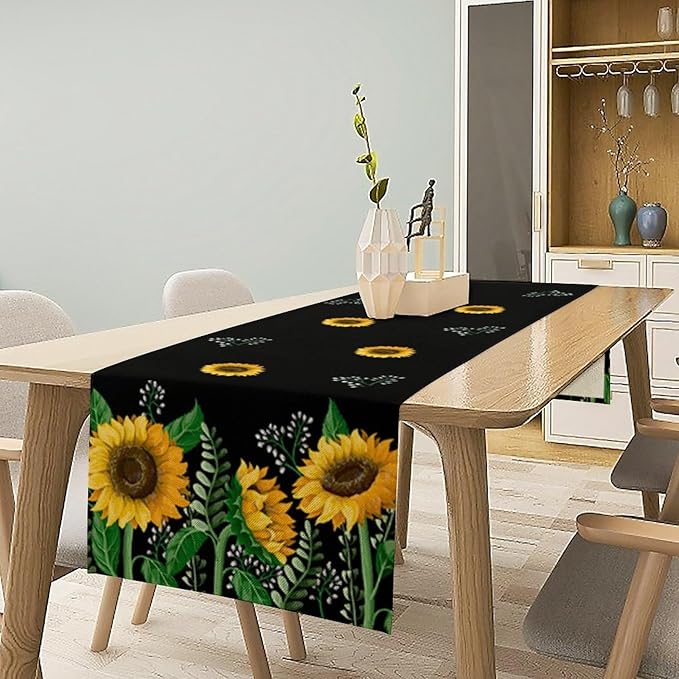 Sunflower Table Runner,Spring Summer Watercolor Floral Plants Leaves Print Table Runner for Kitchen Dining Table Home Holiday Party Indoor Outdoor Decor 13x36in