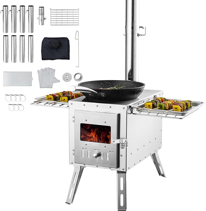 VEVOR Camping Wood Stove Stainless Steel Camping Tent Stove, Portable Wood Burning Stove with Chimney Pipes & Gloves, 1646in³Firebox Hot Tent Stove for Outdoor Cooking and Heating with 8 Pipes