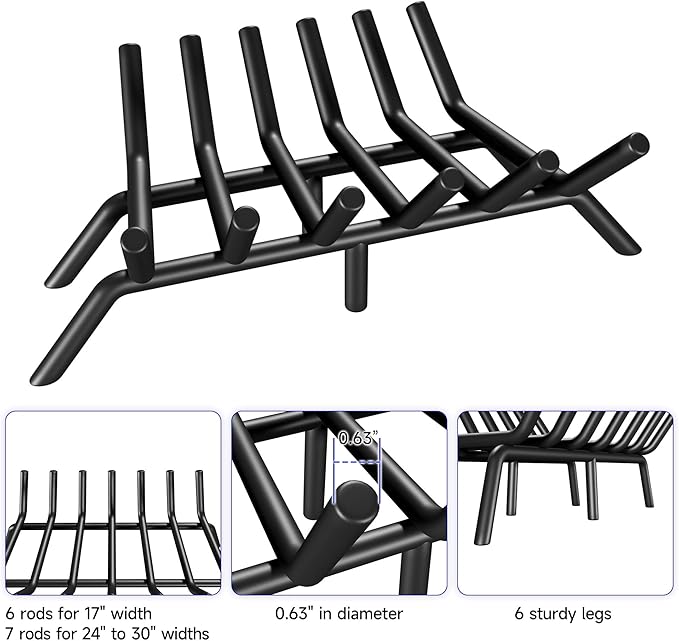 Fireplace Grate 24 Inch, Firewood Log Holder Rack, Heavy Duty Fire Wood Stove Grates for Indoor Outdoor Camping Chimney Hearth Burning Fireplace Accessories Tools