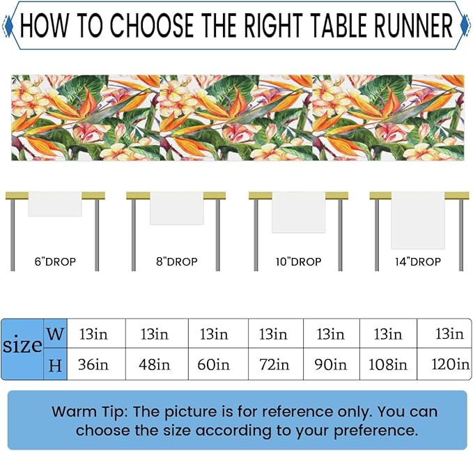 Tropical Exotic Flowers Bird Paradise Table Runner Kitchen Dining Table Runner 13*48in Table Center Decor for Indoor Outdoor Home Holiday Party