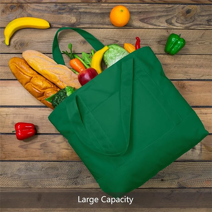 TOPDesign 6-Pack Canvas Tote Bags with an External Pocket, Reusable Grocery Shopping Bags, Top Zipper Closure, Daily Essentials (Green)