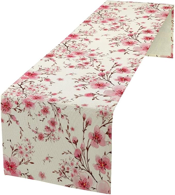 Cherry Flower Table Runner, Seasonal Spring Cherry Blossoms Branches Watercolor Floral Print Table Cover for Kitchen Dining Table Indoor Outdoor Party Decor, 13x108inch