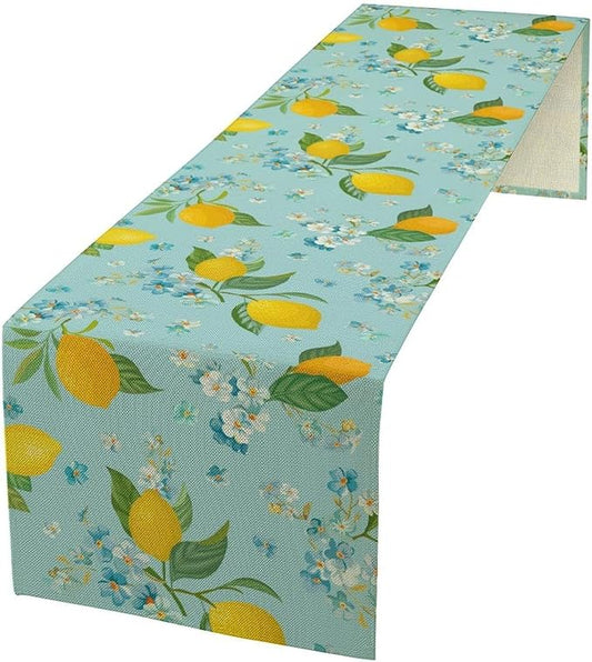 Farmhouse Lemon Fruit Table Runner,Nature Aesthetic Blue Flowers Plant Farmhouse Dining Table Decoration for Home Holiday Party Dresser Kitchen Cabin Restaurant Wedding Decor 13×60in