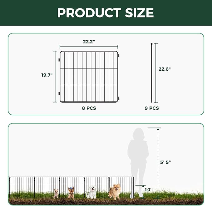 FXW Decorative Garden Fence for Yard - 20in(H) x 14.8ft(L) 8 Panels - Metal Fencing Panels - Animal Barrier Border for Dogs & Rabbits, Flower & Plant Edging