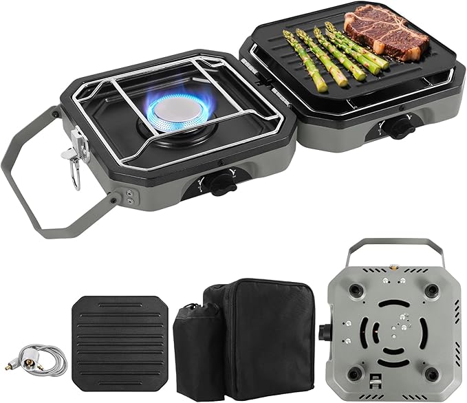 2 Burner Propane Camping Stove With Grill,Portable Foldable Camp Stove With 17000BTU, Two Piezo Ignition Adjustable Windproof Burners forCamping, Grilling, Tailgating, & More (Green)