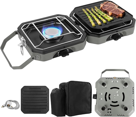2 Burner Propane Camping Stove With Grill,Portable Foldable Camp Stove With 17000BTU, Two Piezo Ignition Adjustable Windproof Burners forCamping, Grilling, Tailgating, & More (Green)
