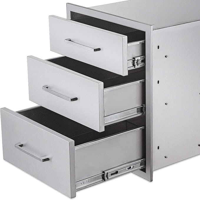 Outdoor Kitchen Drawers Stainless Steel 3-Drawer BBQ Drawer 18" W x 21" H x 23" D Enclosed Built-in Drawer Flush Mount for Outdoor Kitchens & BBQ Islands