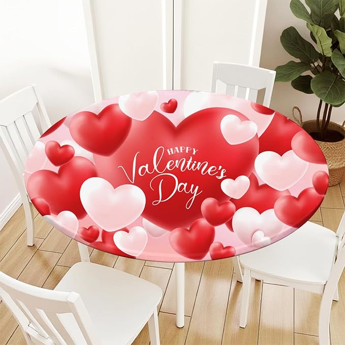 Valentines Day Round Fitted Tablecloth with Elastic Red White Love Heart Circle Table Cloth for 44-48" Round Tables Wipeable Waterproof Washable Valentine Table Cover for Picnic Dining Party Decor
