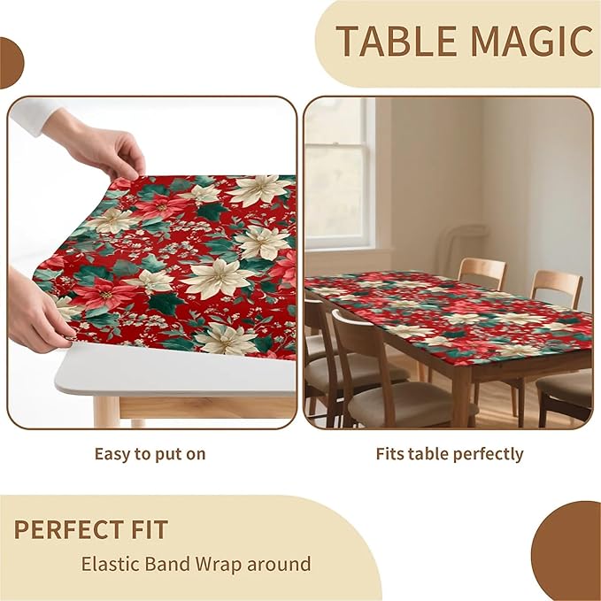 Rectangle Table Cloth Cover Waterproof Elastic Fitted Polyester Fitted Tablecloths for 8 Foot Tables for Indoor,Picnic, Camping, Outdoor （96" x 30"，Christmas Flowers）