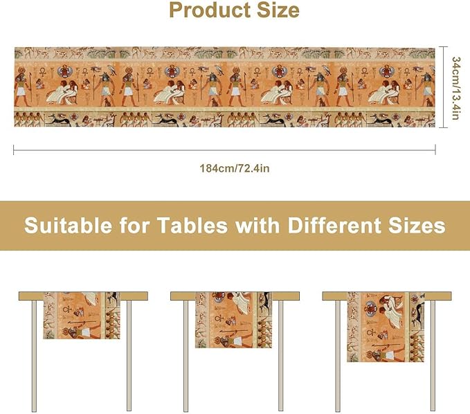 Ancient Table Runner, Mythology Egyptian Gods Pharaohs Antique Golden Hieroglyphs Print Pattern Table Runner for Dining Bedroom Kitchen Party Outdoor 13x70in