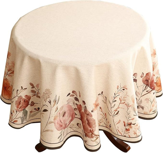 French Linen Small Round Tablecloth,Vintage Pink with Floral Pattern Wrinkle Free Tablecloths,Decor Table Cover for Kitchen,Dining,Thanksgiving,Christmas,Diameter 55"-Sloosa