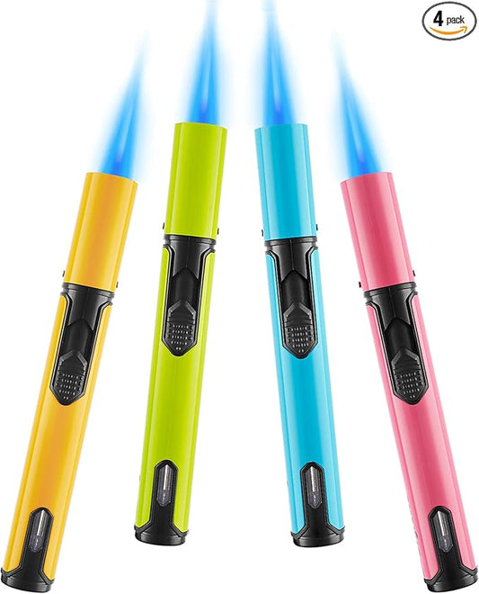 Urgrette 4 Pack Spring Colors Torch Lighter, 6-inch Refillable Pen Lighters Jet Flame Butane Lighters for Grill BBQ Candlek Camping (Gas Not Included)