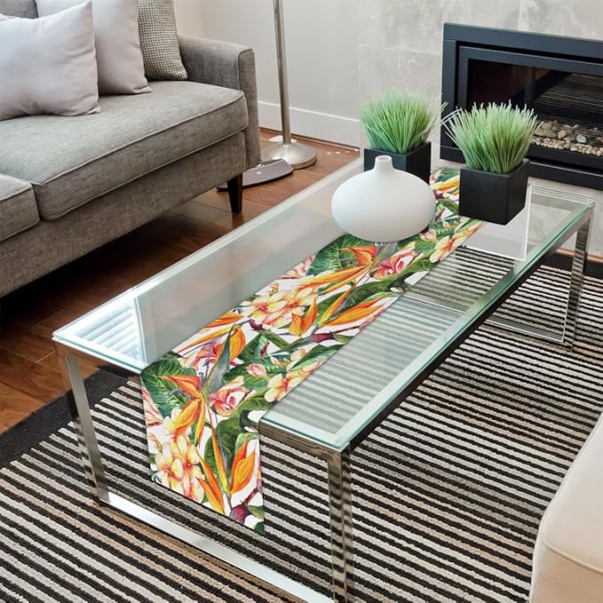 Tropical Exotic Flowers Bird Paradise Table Runner Kitchen Dining Table Runner 13*48in Table Center Decor for Indoor Outdoor Home Holiday Party