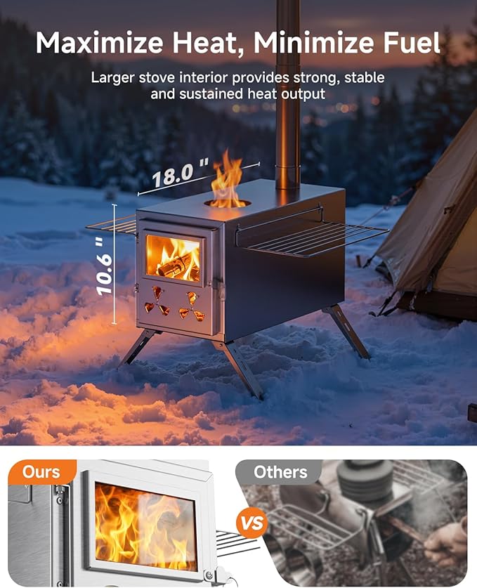 Sauna Hot Tent Stove, Camping Wood Burning Stove with 8 Stainless Chimney Pipes, Portable Folding Wood Stove for Tent, Outdoor Heating, Cooking, Ice Fishing, Hunting