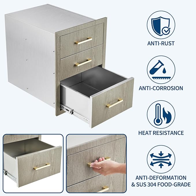 Stainless Steel Outdoor Kitchen Triple Drawers 14" W x 20.3" D x 23" H - Heavy Duty with Handles, Weather-Resistant Flush Mount for BBQ Island, Patio Grill & Outdoor Cooking Space