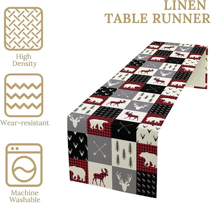 Farmhouse Bear Deer Table Runner, Retro Rustic Village Buffalo Plaid Table Runner for Coffee Table Dining Room Table Bedroom Party Holiday 13x70in