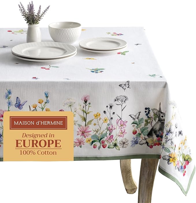 Maison d' Hermine Table Cloth Rectangle Table 100% Cotton 60 x 108 Inches Tablecloth Reusable Decorative for Dining Room, Farmhouse, Home, Party, Festive & Wedding Spring Summer - Printemps