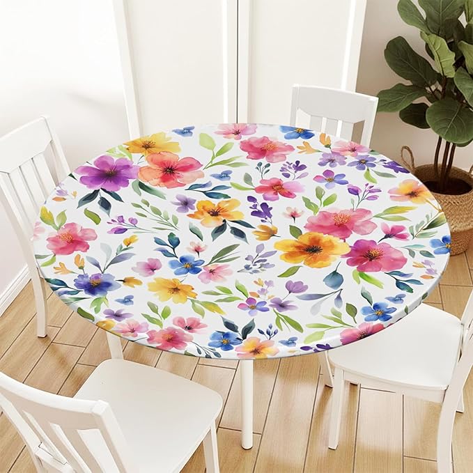 Spring Summer Floral Round Fitted Tablecloth with Elastic Watercolor Flower Outdoor Circle Table Cloth for 36-40" Tables Colorful Stretch Waterproof Washable Table Cover for Picnic Dining Party Decor