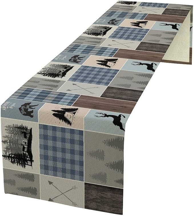 Rustic Bear Deer Table Runner, Blue Checkered Nature Forest Wildlife Farmhouse Cabin Country Table Runner for Outdoor Dining Kitchen Camping Party 13x60in