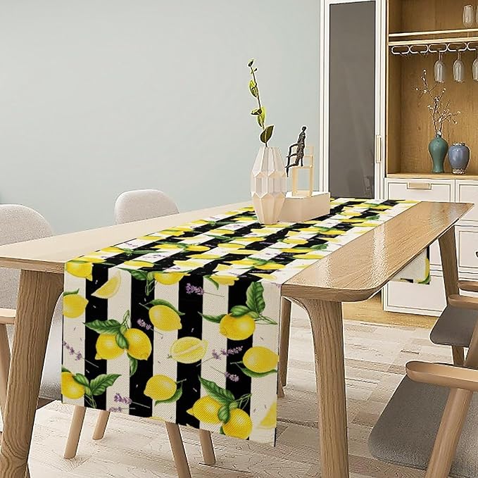 Farmhouse Lemon Fruit Table Runner Nature Aesthetic Black White Stripe Flowers Plant Dining Table Decoration for Home Holiday Party Dresser Kitchen Cabin Restaurant Wedding Decor 13×90in