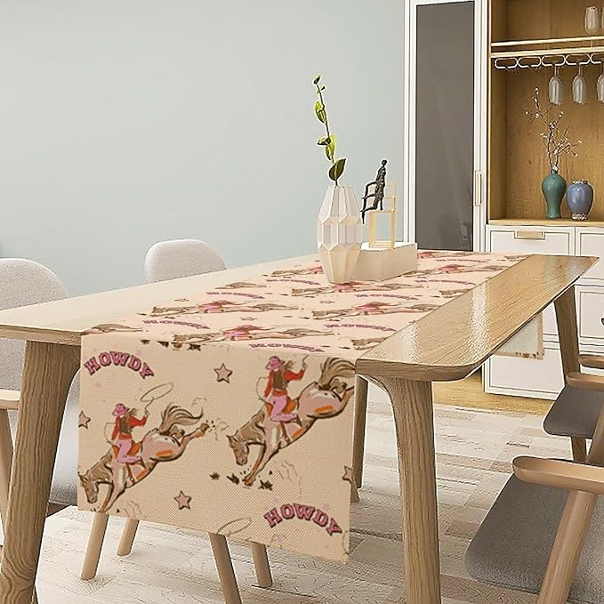 Western Cowboy Table Runner,Vintage Country Cowboy Horse Desert Print Table Runner for Farmhouse Kitchen Dining Table Holiday Home Party Decor 13x60in