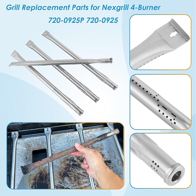 Grill Parts for Nexgrill 4 Burner 720-0925 720-0925P 720-0925PG, Cooking Grate, Heat Shield and Burner Kit for Nexgrill 720-0925P Replacement Parts for Nexgrill 4 Burner 720-0925