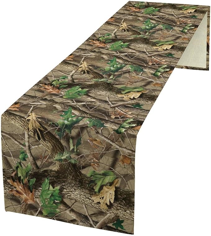 Forest Camouflage Table Runner, Camo Conifer Oak Branches Mossy Hunting Lodge Camp Cabin Table Runner for Kitchen Dining Room Party Camping 13x70in