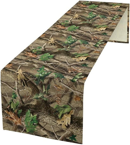Forest Camouflage Table Runner, Camo Conifer Oak Branches Mossy Hunting Lodge Camp Cabin Table Runner for Kitchen Dining Room Party Camping 13x36in