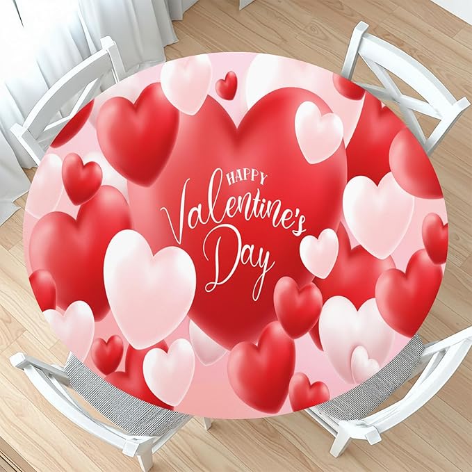 Valentines Day Round Fitted Tablecloth with Elastic Red White Love Heart Circle Table Cloth for 40-44" Round Tables Wipeable Waterproof Washable Valentine Table Cover for Picnic Dining Party Decor