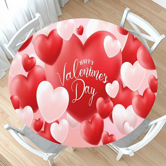 Valentines Day Round Fitted Tablecloth with Elastic Red White Love Heart Circle Table Cloth for 40-44" Round Tables Wipeable Waterproof Washable Valentine Table Cover for Picnic Dining Party Decor