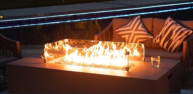 AMS Fireplace | Rectangular Fire Pit Glass Wind Guard for Sedona Fire Pit Table (Light Gray) | Protects Your Fire Table from Patio Heater Flames | Tempered Glass with Polished Edges for Safety