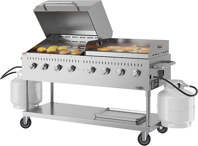 60 in. 8-Burner Commercial Outdoor Propane Gas Grill with 30 in. Roll Dome Cover and 30 in. Griddle in Stainless-Steel, ETL Listed (CGKIT6-D30G30)