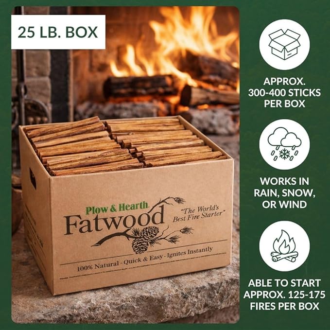 Plow & Hearth 25 LBS Fatwood Fire Starter Sticks Organic Kindling, Easy Ignition Fat Wood, All Natural Firestarters for Fire Pit, Wood Stoves, Fireplaces, Campfires, Bonfires, BBQ