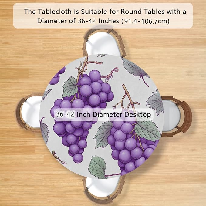 Grape Fruit Purple Leaves Round Table Cloth Cover, Elastic Edge Waterproof Wipeable Tablecloths 36"-42" Polyester Tablecloth for Party Restaurant Banquet Holiday Camping Outdoor Picnic